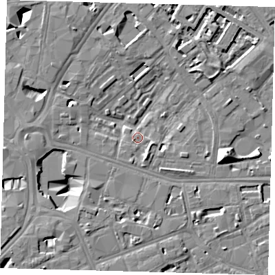 Shaded relief map of the ground around SE16PG, computed from Environment Agency LiDAR. The ground here sits at about 2 m above sea level and falls 13 m across the surrounding 800 m. Surface water reaching this point runs off ground lying to the south-west, 8.9 m higher.
