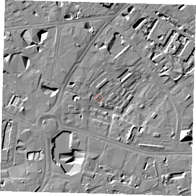 Shaded relief map of the ground around SE16PL, computed from Environment Agency LiDAR. The ground here sits at about 2 m above sea level and falls 13 m across the surrounding 800 m. Surface water reaching this point runs off ground lying to the north, 11.7 m higher.