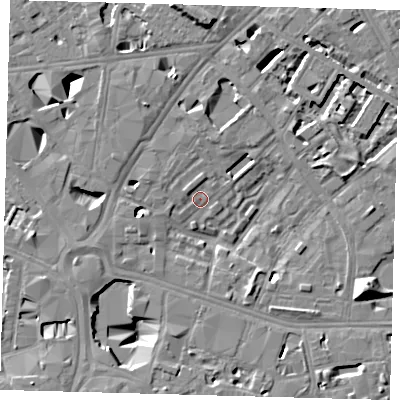 Shaded relief map of the ground around SE16PN, computed from Environment Agency LiDAR. The ground here sits at about 2 m above sea level and falls 13 m across the surrounding 800 m. Surface water reaching this point runs off ground lying to the north, 11.7 m higher.