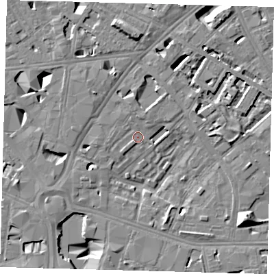 Shaded relief map of the ground around SE16PR, computed from Environment Agency LiDAR. The ground here sits at about 3 m above sea level and falls 13 m across the surrounding 800 m. Surface water reaching this point runs off ground lying to the north, 8.2 m higher.