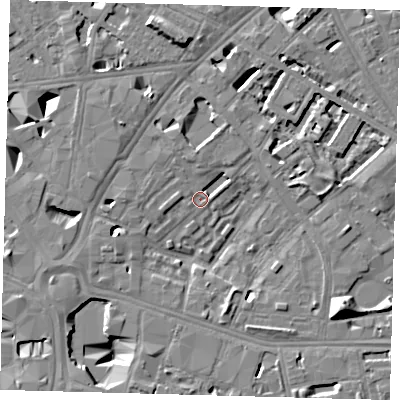 Shaded relief map of the ground around SE16PS, computed from Environment Agency LiDAR. The ground here sits at about 2 m above sea level and falls 13 m across the surrounding 800 m. Surface water reaching this point runs off ground lying to the north, 11.6 m higher.