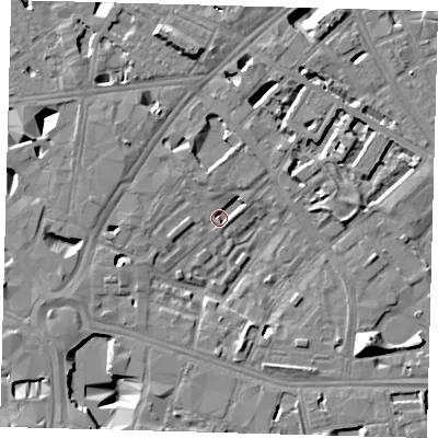 Shaded relief map of the ground around SE16PT, computed from Environment Agency LiDAR. The ground here sits at about 2 m above sea level and falls 13 m across the surrounding 800 m. Surface water reaching this point runs off ground lying to the north, 8.2 m higher.