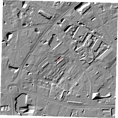 Shaded relief map of the ground around SE16PU, computed from Environment Agency LiDAR. The ground here sits at about 1 m above sea level and falls 13 m across the surrounding 800 m. Surface water reaching this point runs off ground lying to the north-north-east, 5.5 m higher.
