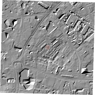 Shaded relief map of the ground around SE16PW, computed from Environment Agency LiDAR. The ground here sits at about 2 m above sea level and falls 13 m across the surrounding 800 m. Surface water reaching this point runs off ground lying to the north, 11.6 m higher.