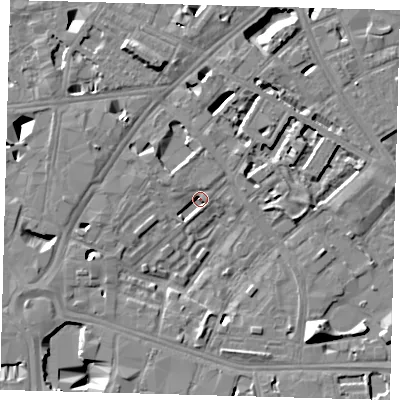 Shaded relief map of the ground around SE16PX, computed from Environment Agency LiDAR. The ground here sits at about 2 m above sea level and falls 13 m across the surrounding 800 m. Surface water reaching this point runs off ground lying to the north-north-east, 5.5 m higher.