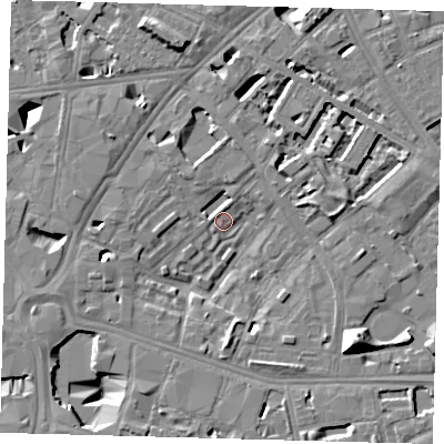 Shaded relief map of the ground around SE16QE, computed from Environment Agency LiDAR. The ground here sits at about 2 m above sea level and falls 13 m across the surrounding 800 m. Surface water reaching this point runs off ground lying to the north-north-west, 11.6 m higher.