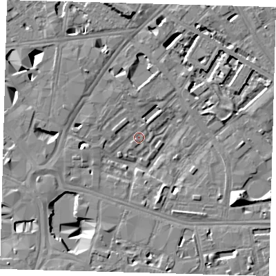 Shaded relief map of the ground around SE16QF, computed from Environment Agency LiDAR. The ground here sits at about 2 m above sea level and falls 13 m across the surrounding 800 m. Surface water reaching this point runs off ground lying to the south-west, 8.7 m higher.