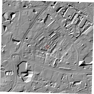 Shaded relief map of the ground around SE16QG, computed from Environment Agency LiDAR. The ground here sits at about 1 m above sea level and falls 13 m across the surrounding 800 m. Surface water reaching this point runs off ground lying to the south-west, 8.8 m higher.