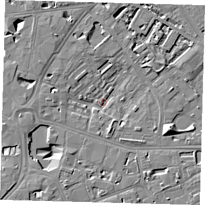 Shaded relief map of the ground around SE16QH, computed from Environment Agency LiDAR. The ground here sits at about 1 m above sea level and falls 13 m across the surrounding 800 m. Surface water reaching this point runs off ground lying to the south-west, 8.9 m higher.