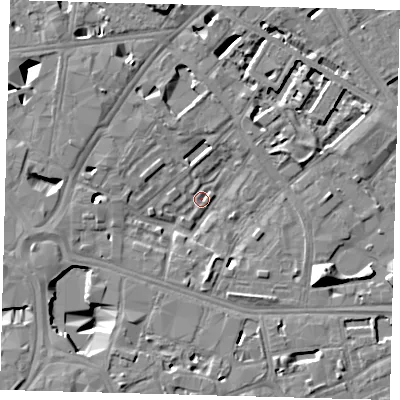 Shaded relief map of the ground around SE16QJ, computed from Environment Agency LiDAR. The ground here sits at about 1 m above sea level and falls 13 m across the surrounding 800 m. Surface water reaching this point runs off ground lying to the south-west, 8.7 m higher.