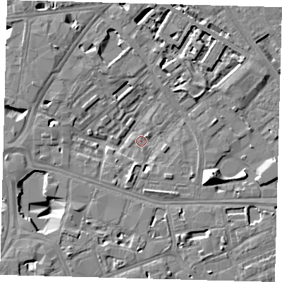 Shaded relief map of the ground around SE16QP, computed from Environment Agency LiDAR. The ground here sits at about 1 m above sea level and falls 13 m across the surrounding 800 m. Surface water reaching this point runs off ground lying to the south-south-west, 8.6 m higher.