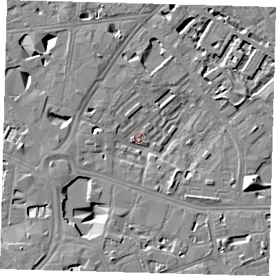 Shaded relief map of the ground around SE16QQ, computed from Environment Agency LiDAR. The ground here sits at about 1 m above sea level and falls 13 m across the surrounding 800 m. Surface water reaching this point runs off ground lying to the south-west, 8.8 m higher.