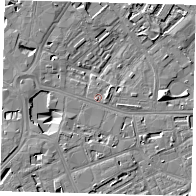 Shaded relief map of the ground around SE16RB, computed from Environment Agency LiDAR. The ground here sits at about 3 m above sea level and falls 13 m across the surrounding 800 m. Surface water reaching this point runs off ground lying to the east, 4.4 m higher.