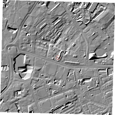 Shaded relief map of the ground around SE16RD, computed from Environment Agency LiDAR. The ground here sits at about 2 m above sea level and falls 13 m across the surrounding 800 m. Surface water reaching this point runs off ground lying to the east-north-east, 4.4 m higher.