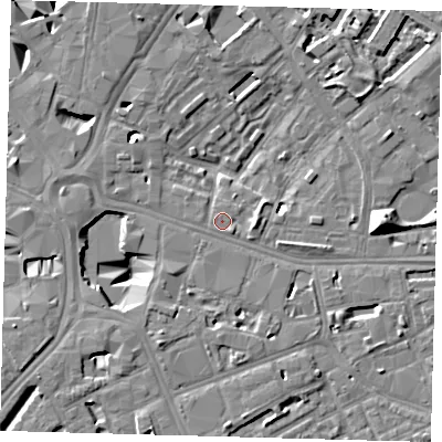 Shaded relief map of the ground around SE16RG, computed from Environment Agency LiDAR. The ground here sits at about 3 m above sea level and falls 13 m across the surrounding 800 m. Surface water reaching this point runs off ground lying to the south-west, 8.9 m higher.