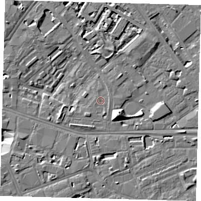 Shaded relief map of the ground around SE16RL, computed from Environment Agency LiDAR. The ground here sits at about 2 m above sea level and falls 13 m across the surrounding 800 m. Surface water reaching this point runs off ground lying to the north, 6.1 m higher.