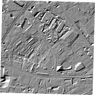 Shaded relief map of the ground around SE16RP, computed from Environment Agency LiDAR. The ground here sits at about 3 m above sea level and falls 13 m across the surrounding 800 m. Surface water reaching this point runs off ground lying to the north, 6.6 m higher.