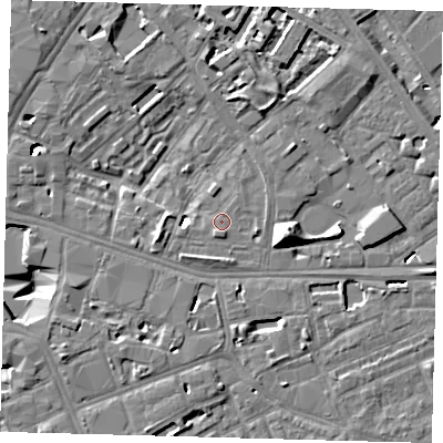 Shaded relief map of the ground around SE16RQ, computed from Environment Agency LiDAR. The ground here sits at about 2 m above sea level and falls 13 m across the surrounding 800 m. Surface water reaching this point runs off ground lying to the north-north-east, 6.1 m higher.