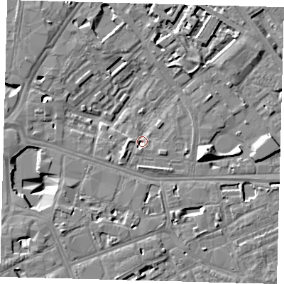 Shaded relief map of the ground around SE16RT, computed from Environment Agency LiDAR. The ground here sits at about 1 m above sea level and falls 13 m across the surrounding 800 m. Surface water reaching this point runs off ground lying to the south-west, 4.9 m higher.