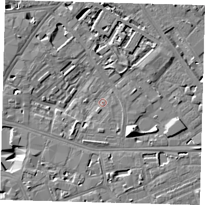 Shaded relief map of the ground around SE16RW, computed from Environment Agency LiDAR. The ground here sits at about 2 m above sea level and falls 13 m across the surrounding 800 m. Surface water reaching this point runs off ground lying to the north-north-east, 6.1 m higher.