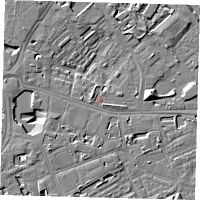 Shaded relief map of the ground around SE16RY, computed from Environment Agency LiDAR. The ground here sits at about 3 m above sea level and falls 13 m across the surrounding 800 m. Surface water reaching this point runs off ground lying to the east-south-east, 1.4 m higher.