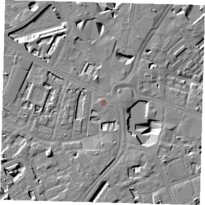 Shaded relief map of the ground around SE16SB, computed from Environment Agency LiDAR. The ground here sits at about 4 m above sea level and falls 10 m across the surrounding 800 m. Surface water reaching this point runs off ground lying to the north, 0.9 m higher.