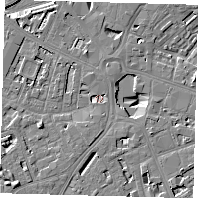 Shaded relief map of the ground around SE16SD, computed from Environment Agency LiDAR. The ground here sits at about 2 m above sea level and falls 11 m across the surrounding 800 m. Surface water reaching this point runs off ground lying to the south-south-west, 4.5 m higher.