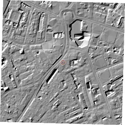 Shaded relief map of the ground around SE16SF, computed from Environment Agency LiDAR. The ground here sits at about 4 m above sea level and falls 11 m across the surrounding 800 m. Surface water reaching this point runs off ground lying to the south-west, 0.6 m higher.