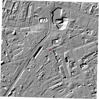 Shaded relief map of the ground around SE16SN, computed from Environment Agency LiDAR. The ground here sits at about 4 m above sea level and falls 11 m across the surrounding 800 m. Surface water reaching this point runs off ground lying to the north-north-west, 0.7 m higher.