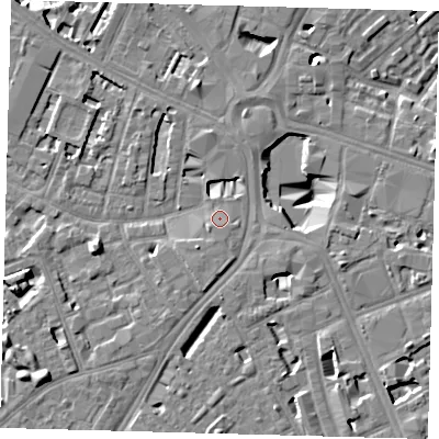 Shaded relief map of the ground around SE16SQ, computed from Environment Agency LiDAR. The ground here sits at about 3 m above sea level and falls 11 m across the surrounding 800 m. Surface water reaching this point runs off ground lying to the south-south-west, 1.7 m higher.