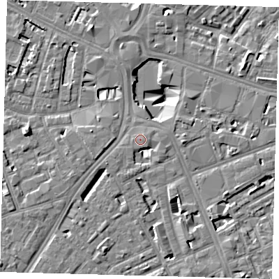 Shaded relief map of the ground around SE16SX, computed from Environment Agency LiDAR. The ground here sits at about 4 m above sea level and falls 10 m across the surrounding 800 m. Surface water reaching this point runs off ground lying to the east-south-east, 0.6 m higher.