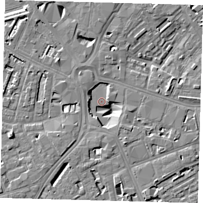 Shaded relief map of the ground around SE16TB, computed from Environment Agency LiDAR. The ground here sits at about 1 m above sea level and falls 10 m across the surrounding 800 m. Surface water reaching this point runs off ground lying to the south-west, 8.9 m higher.