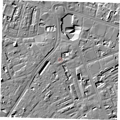 Shaded relief map of the ground around SE16TL, computed from Environment Agency LiDAR. The ground here sits at about 3 m above sea level and falls 11 m across the surrounding 800 m. Surface water reaching this point runs off ground lying to the west-north-west, 0.7 m higher.