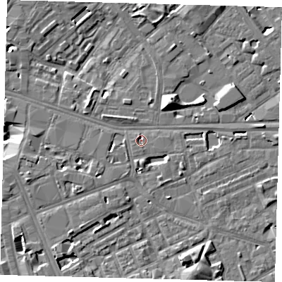 Shaded relief map of the ground around SE16TU, computed from Environment Agency LiDAR. The ground here sits at about 2 m above sea level and falls 13 m across the surrounding 800 m. Surface water reaching this point runs off ground lying to the south-south-east, 7.2 m higher.