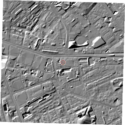 Shaded relief map of the ground around SE16TX, computed from Environment Agency LiDAR. The ground here sits at about 3 m above sea level and falls 12 m across the surrounding 800 m. Surface water reaching this point runs off ground lying to the south-south-west, 3.1 m higher.
