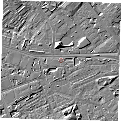 Shaded relief map of the ground around SE16UA, computed from Environment Agency LiDAR. The ground here sits at about 2 m above sea level and falls 10 m across the surrounding 800 m. Surface water reaching this point runs off ground lying to the south, 7.2 m higher.