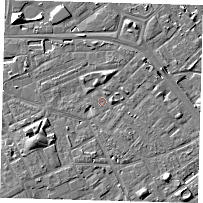 Shaded relief map of the ground around SE171AB, computed from Environment Agency LiDAR. The ground here sits at about 2 m above sea level and falls 10 m across the surrounding 800 m. Surface water reaching this point runs off ground lying to the west-south-west, 4.8 m higher.