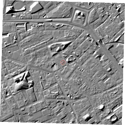 Shaded relief map of the ground around SE171AD, computed from Environment Agency LiDAR. The ground here sits at about 3 m above sea level and falls 10 m across the surrounding 800 m. Surface water reaching this point runs off ground lying to the west-south-west, 4.8 m higher.