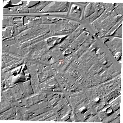 Shaded relief map of the ground around SE171AE, computed from Environment Agency LiDAR. The ground here sits at about 3 m above sea level and falls 10 m across the surrounding 800 m. Surface water reaching this point runs off ground lying to the west-south-west, 4.8 m higher.