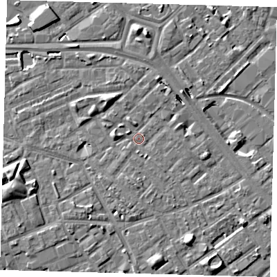 Shaded relief map of the ground around SE171AF, computed from Environment Agency LiDAR. The ground here sits at about 2 m above sea level and falls 8 m across the surrounding 800 m. Surface water reaching this point runs off ground lying to the west-south-west, 4.8 m higher.