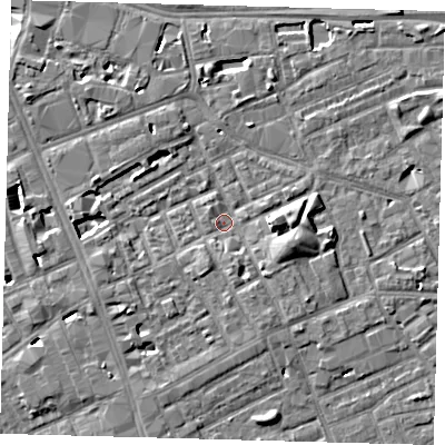 Shaded relief map of the ground around SE171AG, computed from Environment Agency LiDAR. The ground here sits at about 2 m above sea level and falls 7 m across the surrounding 800 m. Surface water reaching this point runs off ground lying to the east, 4.4 m higher.