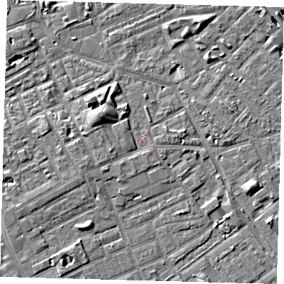 Shaded relief map of the ground around SE171AH, computed from Environment Agency LiDAR. The ground here sits at about 3 m above sea level and falls 7 m across the surrounding 800 m. Surface water reaching this point runs off ground lying to the west-south-west, 1.7 m higher.