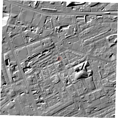 Shaded relief map of the ground around SE171AJ, computed from Environment Agency LiDAR. The ground here sits at about 2 m above sea level and falls 13 m across the surrounding 800 m. Surface water reaching this point runs off ground lying to the south-east, 4.4 m higher.
