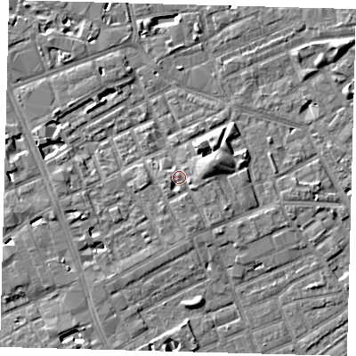 Shaded relief map of the ground around SE171AL, computed from Environment Agency LiDAR. The ground here sits at about 3 m above sea level and falls 6 m across the surrounding 800 m. Surface water reaching this point runs off ground lying to the east-north-east, 3.0 m higher.