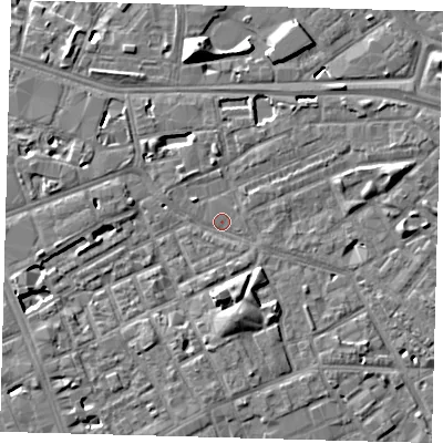 Shaded relief map of the ground around SE171AT, computed from Environment Agency LiDAR. The ground here sits at about 3 m above sea level and falls 10 m across the surrounding 800 m. Surface water reaching this point runs off ground lying to the south-south-east, 1.1 m higher.