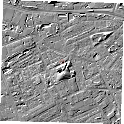 Shaded relief map of the ground around SE171BB, computed from Environment Agency LiDAR. The ground here sits at about 3 m above sea level and falls 9 m across the surrounding 800 m. Surface water reaching this point runs off ground lying to the south-south-east, 3.3 m higher.