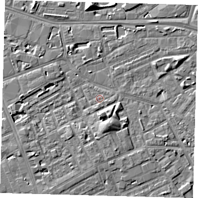 Shaded relief map of the ground around SE171BW, computed from Environment Agency LiDAR. The ground here sits at about 3 m above sea level and falls 10 m across the surrounding 800 m. Surface water reaching this point runs off ground lying to the north, 0.5 m higher.