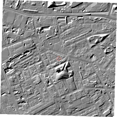 Shaded relief map of the ground around SE171BX, computed from Environment Agency LiDAR. The ground here sits at about 3 m above sea level and falls 10 m across the surrounding 800 m. The ground contributing surface water to this point lies to the north-east.