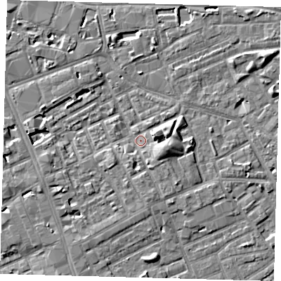 Shaded relief map of the ground around SE171BZ, computed from Environment Agency LiDAR. The ground here sits at about 3 m above sea level and falls 7 m across the surrounding 800 m. Surface water reaching this point runs off ground lying to the east-north-east, 4.0 m higher.