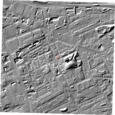 Shaded relief map of the ground around SE171DY, computed from Environment Agency LiDAR. The ground here sits at about 3 m above sea level and falls 7 m across the surrounding 800 m. Surface water reaching this point runs off ground lying to the east-south-east, 4.4 m higher.